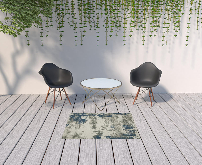 3' X 5' Abstract Stain Resistant Indoor / Outdoor Area Rug - Blue / Beige