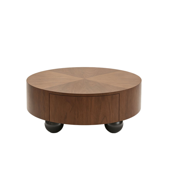 Drum Shaped Coffee Table With Hidden Storage Drawer, Low Profile For Living Room - Walnut Home Essentials