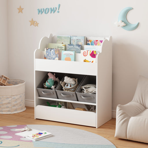 Bookshelf With Storage Bins And Drawer, Multi Functional Book Organizer For Toddlers - White Home Essentials