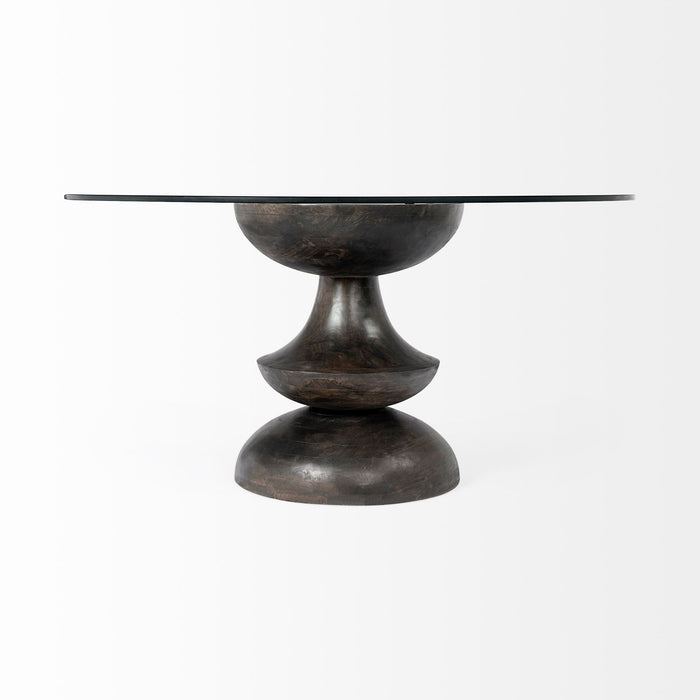 Round Glass Top Wood With Pedestal Base Dining Table - Brown