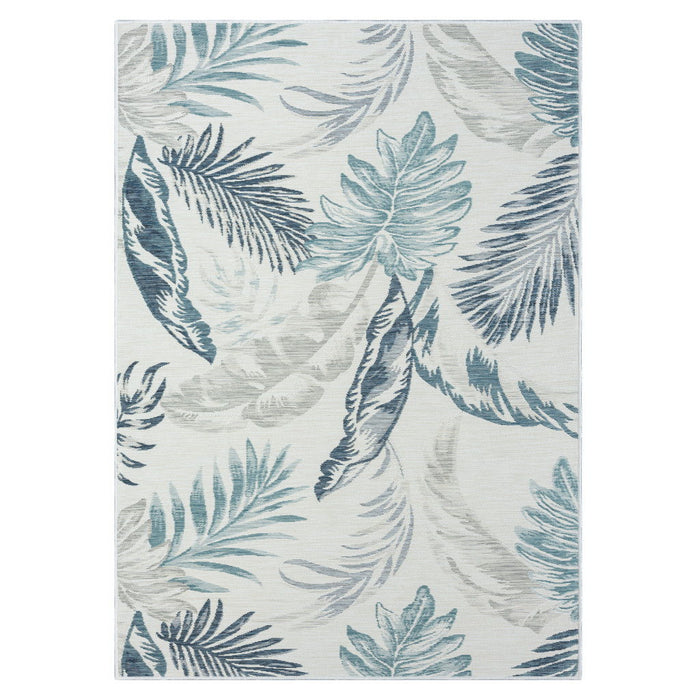 2' X 3' White Palm Leaf Stain Resistant Indoor / Outdoor Area Rug - Blue / Serene