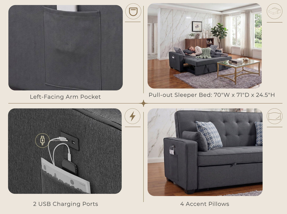 William - Sleeper Sofa With 2 USB Charging Ports And 4 Accent Pillows - Gray Lilola Home