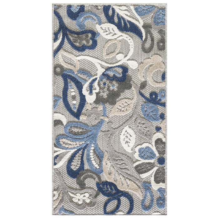 3’ X 5’ Jacobean Floral Indoor / Outdoor Area Rug - Blue Gray