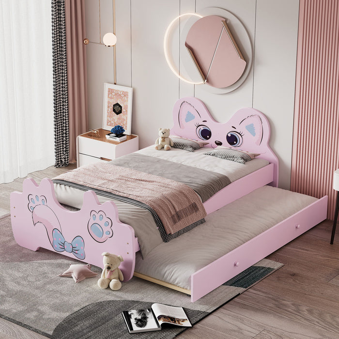 Cartoon Twin Size Platform Bed With Trundle, Pink