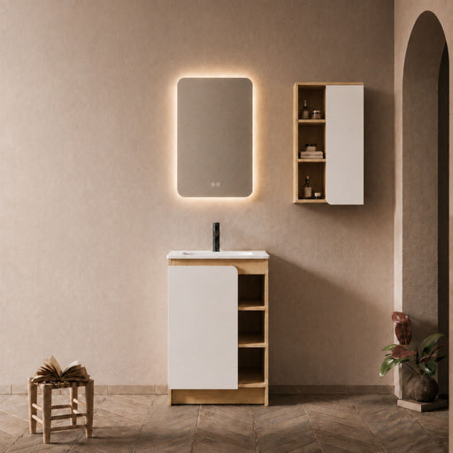 24" Bathroom Vanity With Sink & Wall Mounted Side Cabinet, Vanity Set With Thin Edge Sink, Interchangeable & Door Panels, Open & Hidden Storage - Black / Light Oak / White Home Essentials