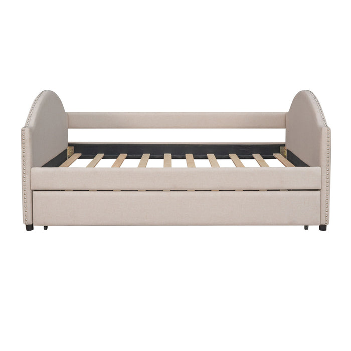 Full Size Upholstered Daybed With Twin Size Trundle, Wood Slat Support - Beige