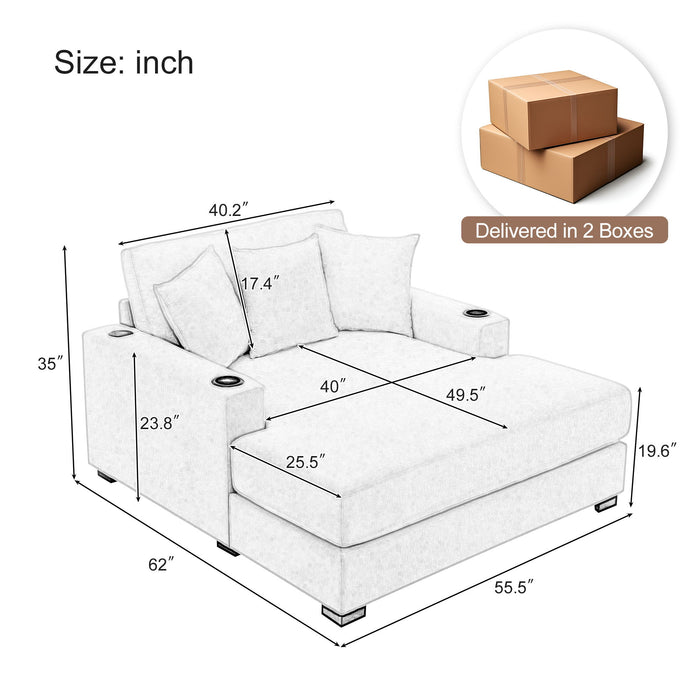 Oversized Chaise Lounger Modern Style Sofa Couch With Pillows, Charge Station & Cup Holders Hearth and Haven