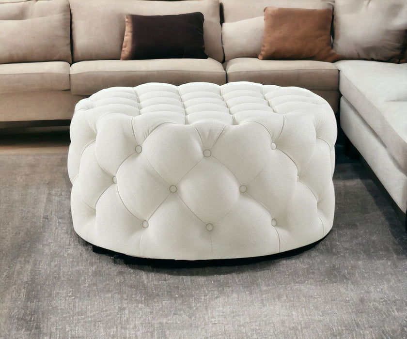 Linen Rolling Tufted Round Cocktail Ottoman - White