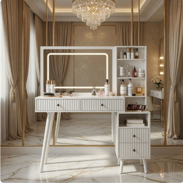 Fluted Vanity Desk With Lighted Mirror & Outlet 4 Drawer, Makeup Table - White Home Essentials