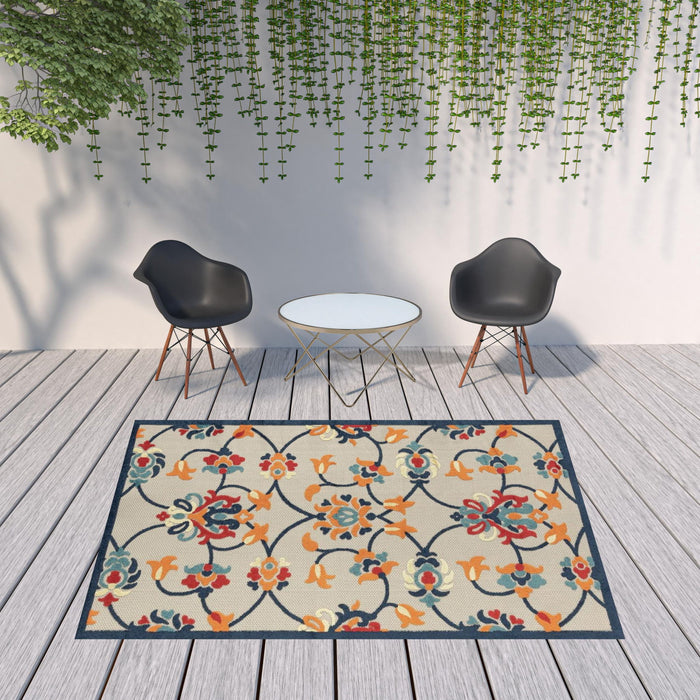 8' X 10' Floral Non Skid Indoor / Outdoor Area Rug - Blue / Orange