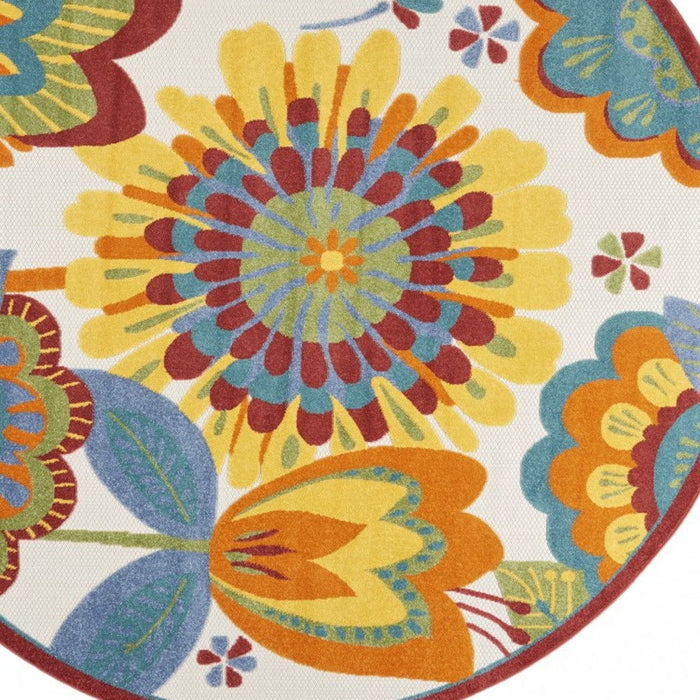 8' Round Round Floral Indoor / Outdoor Area Rug - Yellow / Ivory