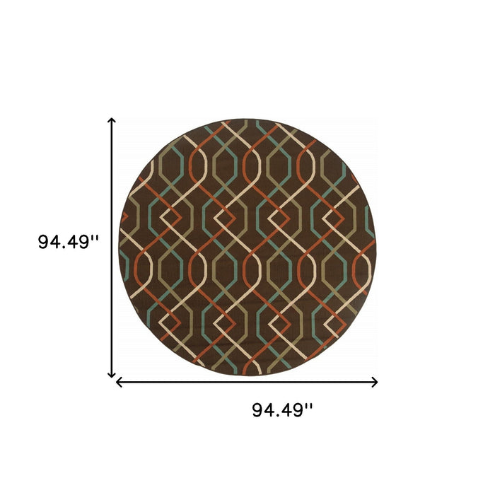 8' X 8' Round Geometric Stain Resistant Outdoor / Indoor Area Rug - Brown / Ivory