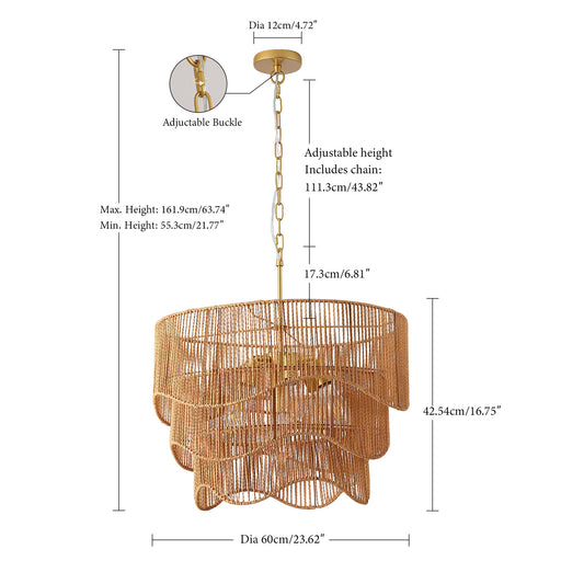 Chandelier With 7 Light E26 Base, Adjustable Height Wave Pendant Light For Living Room - Gold Daily Nest