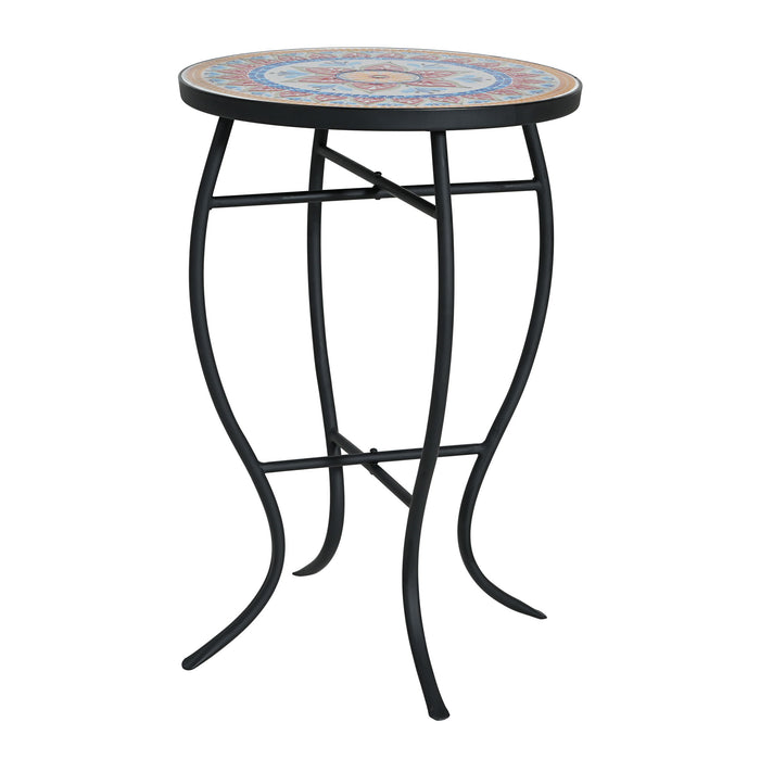 Outdoor Round Side Table With Mosaic Style Top And Curved Iron Legs Noble House