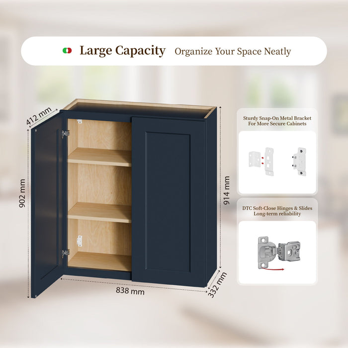 Shaker Wall Cabinet With Soft Close Hinges, Adjustable Shelves, Double Door Home Essentials