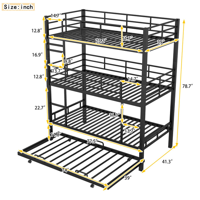 Triple Bunk Bed With Trundle, Heavy Duty Steel Construction