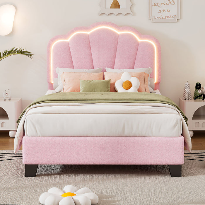 Upholstered Elegant Flowers Headboard With LED Light Strip, Platform Bed With Slats Support