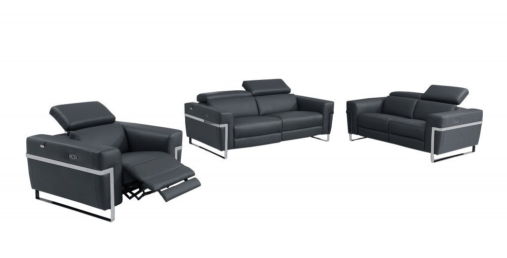 Three Piece Six Person Indoor Italian Leather Seating Set - Dark Gray