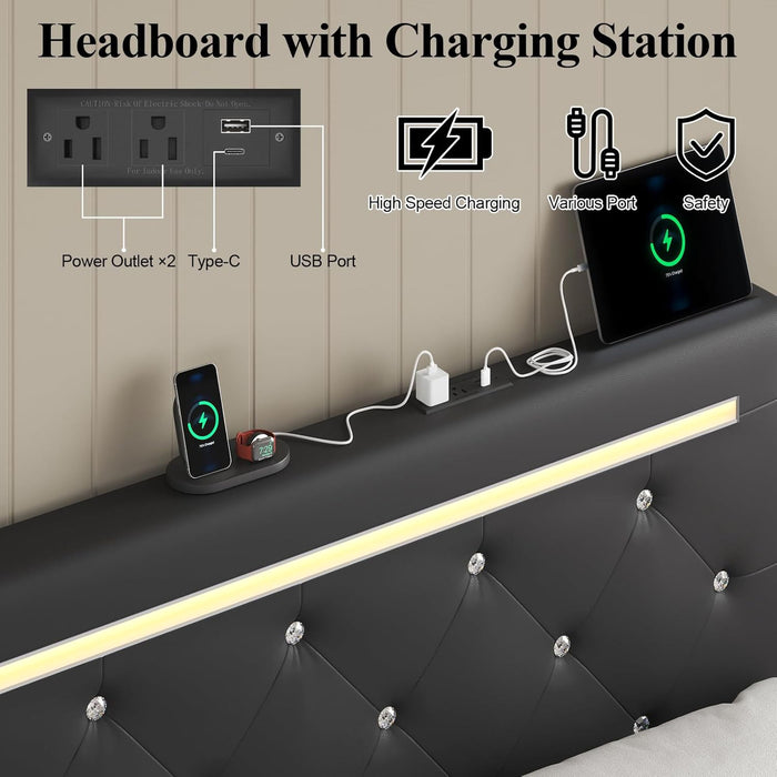 Upholstered Bed Frame With LED Lights, 4 Storage Drawers, Charging Station Home Essentials