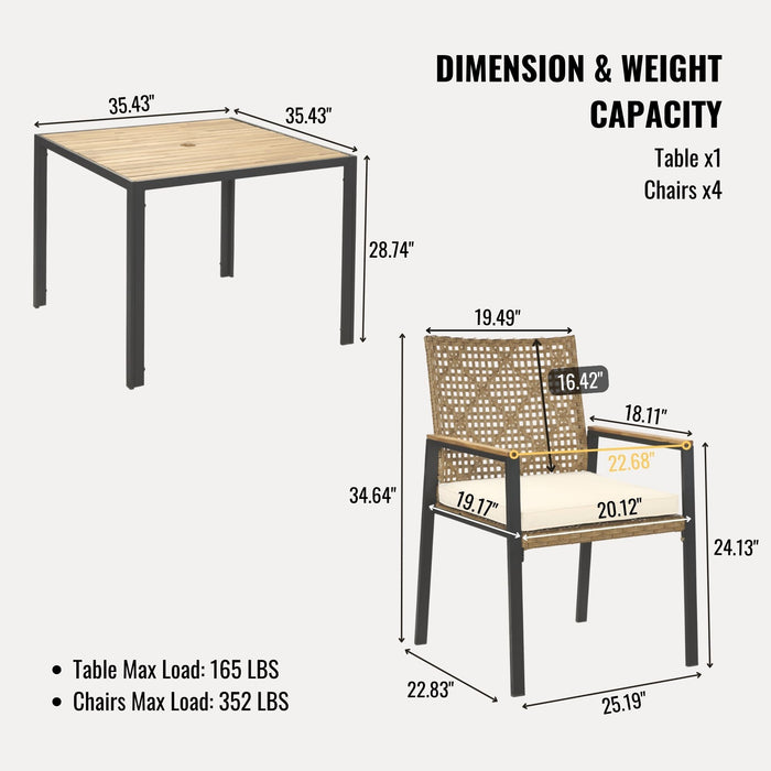 5 Piece Patio Dining Table Set, Acacia Wood Table Top With Umbrella Hole Home Essentials