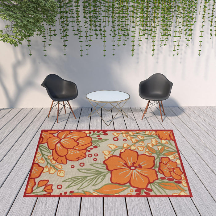 8' X 10' Floral Stain Resistant Indoor / Outdoor Area Rug - Orange / Ivory