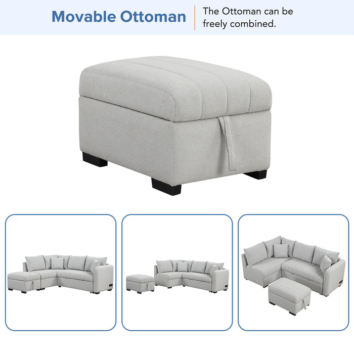 L-Shaped Sectional Pull Out Sofa Bed Sleeper Sofa With Two USB Ports, Two Power Sockets And A Movable Storage Ottoman