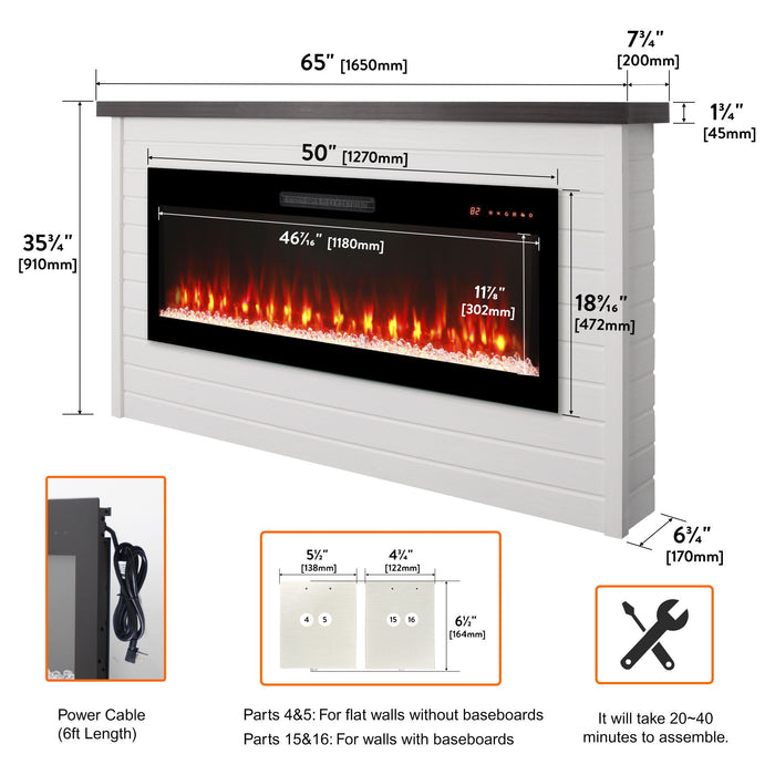 65" Electric Fireplace With Wall Mantel, 50" Fireplace Insert Heater, Remote Control, Timer For Living Room - Antique White Home Essentials