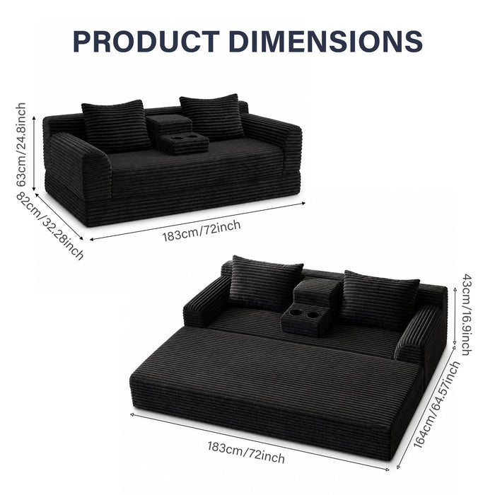 Soft Striped Convertible Sofa Bed, Dual Use Lounge Couch With Cup Holders And Pillows Home Essentials
