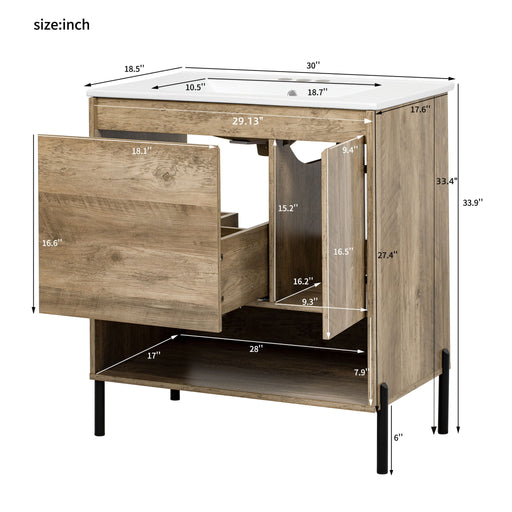 Bathroom Vanity Cabinet With Sink, Sliding Drawer, Soft Closing Door, Open Shelf - Natural Wood Hearth and Haven