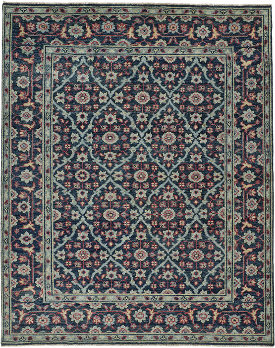 Floral Hand Knotted Distressed Stain Resistant Area Rug With Fringe - Blue Green And Red Wool - 4' X 6'