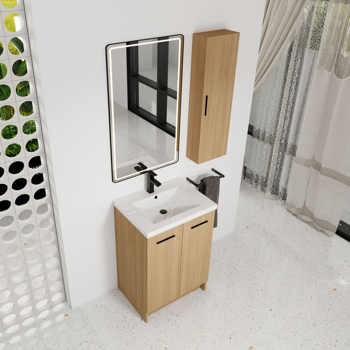 Freestanding Bathroom Vanity Set With Tall Linen Cabinet, Single Sink, Extra Storage, Soft Close Doors - Glossy White / Light Oak Home Essentials