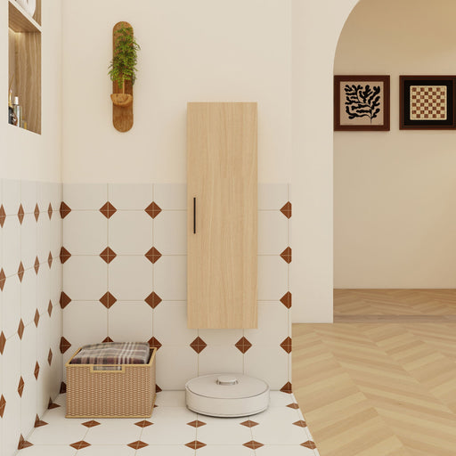 Tall Floating Bathroom Side Cabinet, Wall Mounted Single Door Storage - Light Oak Home Essentials