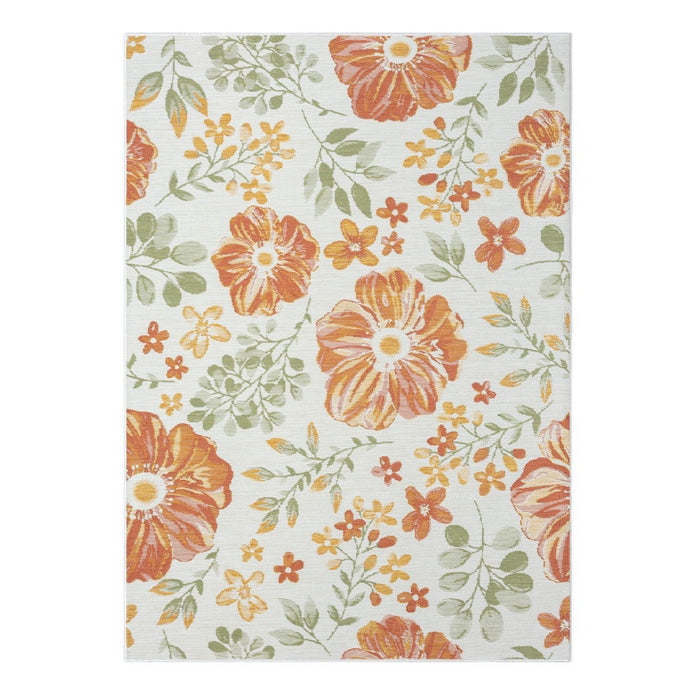 5' X 7' Floral Stain Resistant Indoor / Outdoor Area Rug - Ivory Green / Orange