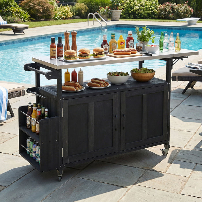 Foldable Outdoor Kitchen Island With Lockable Wheels, Storage Cabinet And Towel Rack For Patio Hearth and Haven