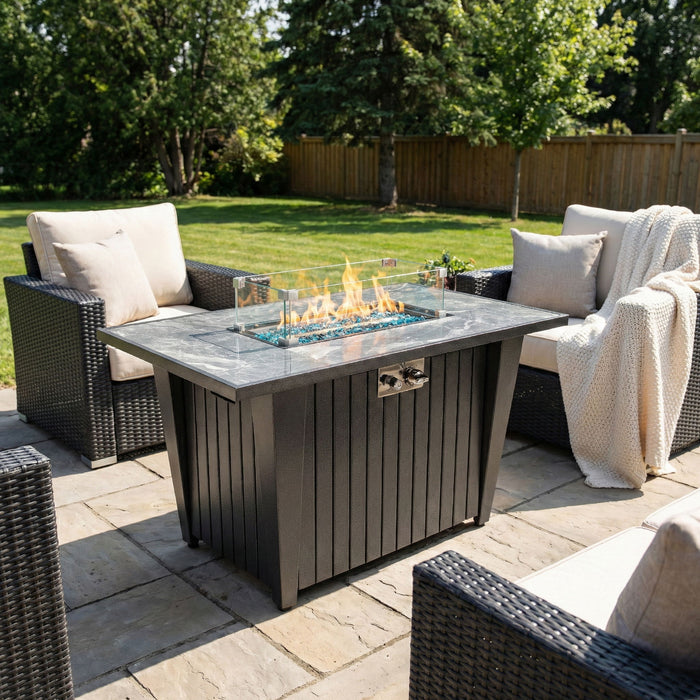 Morden Steel Fire Pit Table With Marble Tile Tabletop, Glass Wind Guard And Lid Patioseek