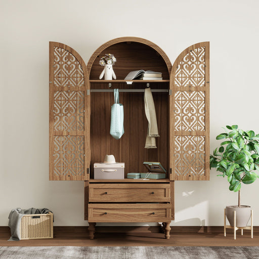 Tall Kitchen Pantry Cabinet With Hollow Carved Doors 2 Drawers And Adjustable Shelves Storage Display Cabinet For Kitchen Dining Room Or Living Room - Walnut Home Essentials