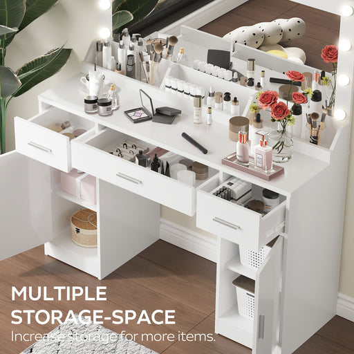 Vanity Desk With Large Mirror, 3 Colour Lighting Modes, Adjustable Brightness, Dresser With 3 Drawers & 2 Vertical Cabinets, Makeup Vanity Table For Women & Girls Home Essentials