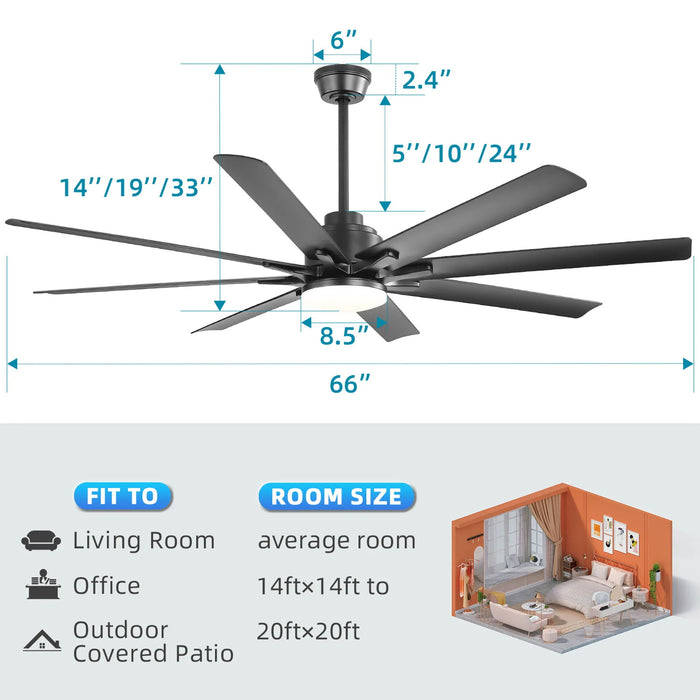 66" Ceiling Fan With Dimmable LED Light, 8 Blades, Smart Remote Control, Reversible DC Motor, For Home Office - Matte Black Daily Nest