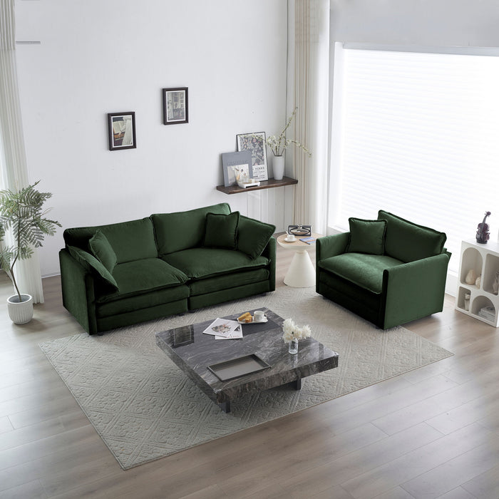 3 Piece Sofa Set With Arm Pillows And Toss Pillows, Sofa Set Include 2 Piece Of Arm Chair And One 2 - Seat Sofa, Space Saving Casual Sofa Set For Living Room - Green Chenille