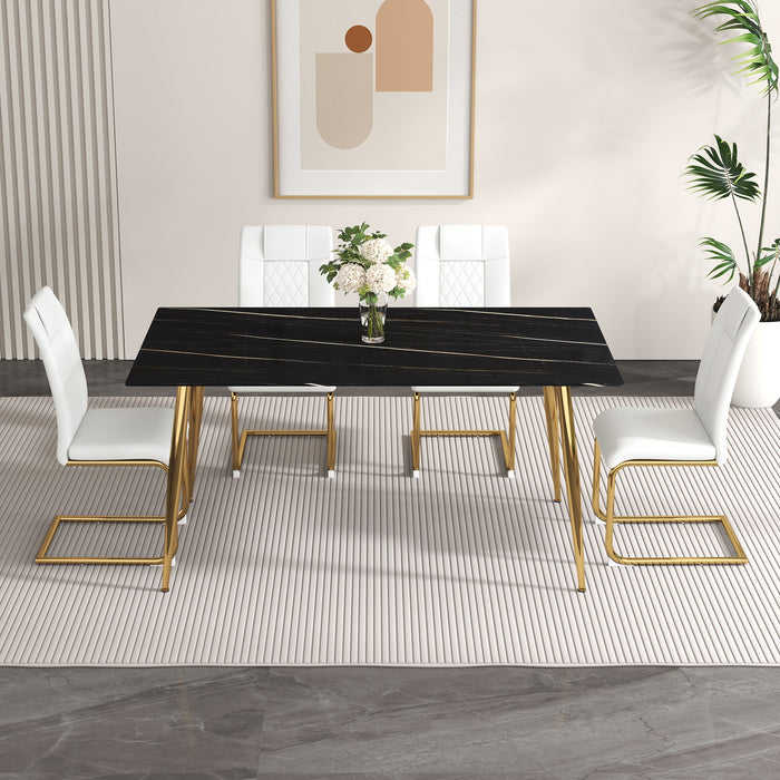 1 Table And 4 Chairs Set, Rectangular Dining Table With Black Imitation Marble Tabletop And Golden Metal Legs, Paired With 4 Chairs With Golden Metal Legs - White / Black