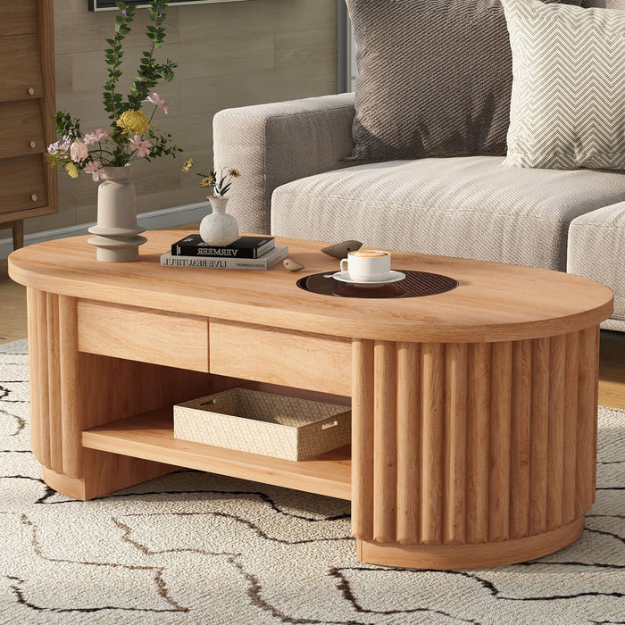 Fluted Oval Coffee Table With Drawers, 2 Tier Cocktail Table Hearth and Haven
