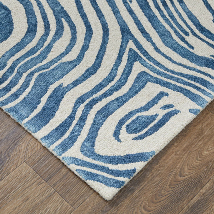 Geometric Tufted Handmade Area Rug - Blue And Ivory Wool - 4' X 6'