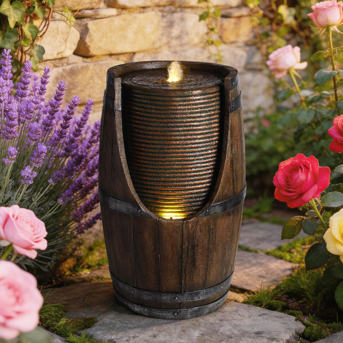 Rustic Barrel Water Fountain With LED Light Daily Nest