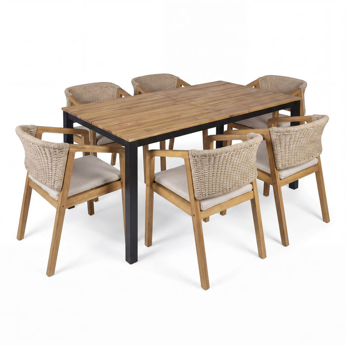 7 Piece Outdoor Dining Set With Table And 6 Chairs - Beige / Brown Mix / Light Teak / Teak Noble House