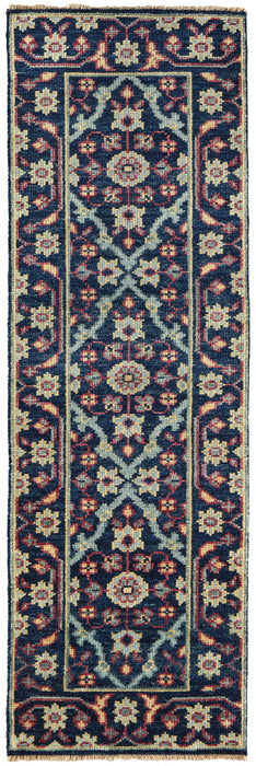 Floral Hand Knotted Distressed Stain Resistant Runner Rug With Fringe - Blue Green And Red Wool - 8'