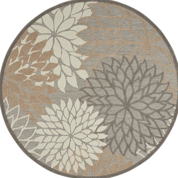 5' Round Round Floral Outdoor / Indoor Area Rug - Gray / Ivory