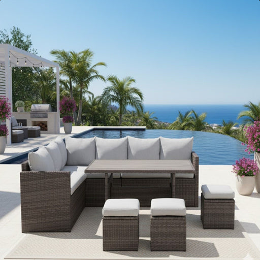 7 Piece All Weather Patio Dining Set With Cushions, Sectional Sofa, Ottomans & Table For Backyard - Gray / Brown Home Essentials