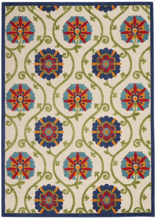 6' X 9' Floral Indoor / Outdoor Area Rug - Ivory / Blue