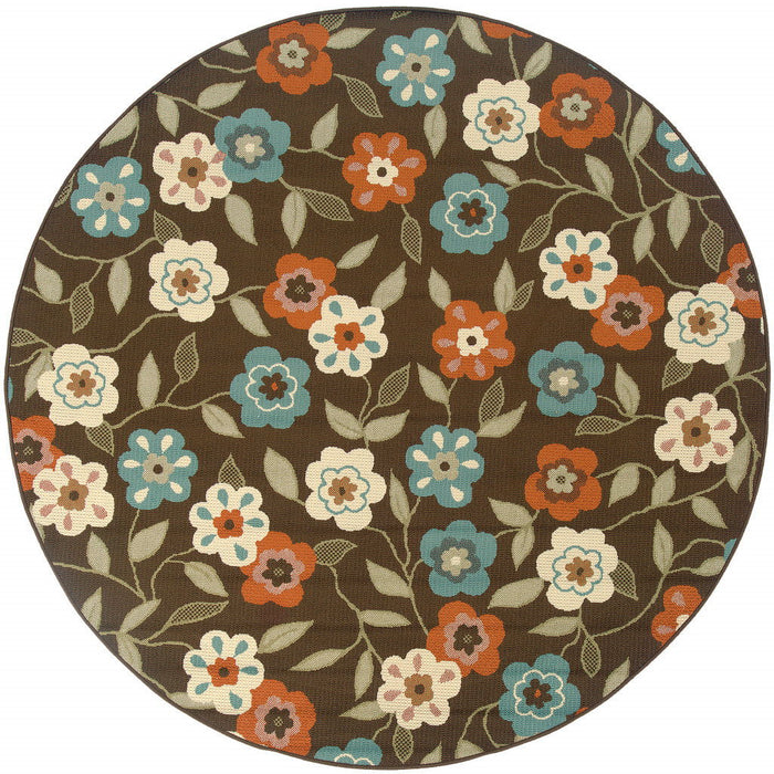 8' X 8' Round Floral Stain Resistant Outdoor / Indoor Area Rug - Brown / Ivory