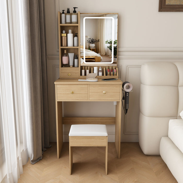 Small Vanity Desk With 3 LED Lighting Modes, 3 Drawers, Hair Dryer Holder, Power Socket, And Dressing Chair - Natural Walnut Home Essentials